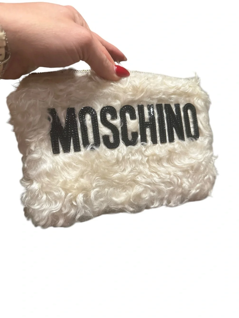 Moschino Milano Teddy Faux Fur Logo Zip Pouch Cream Black Made in Italy